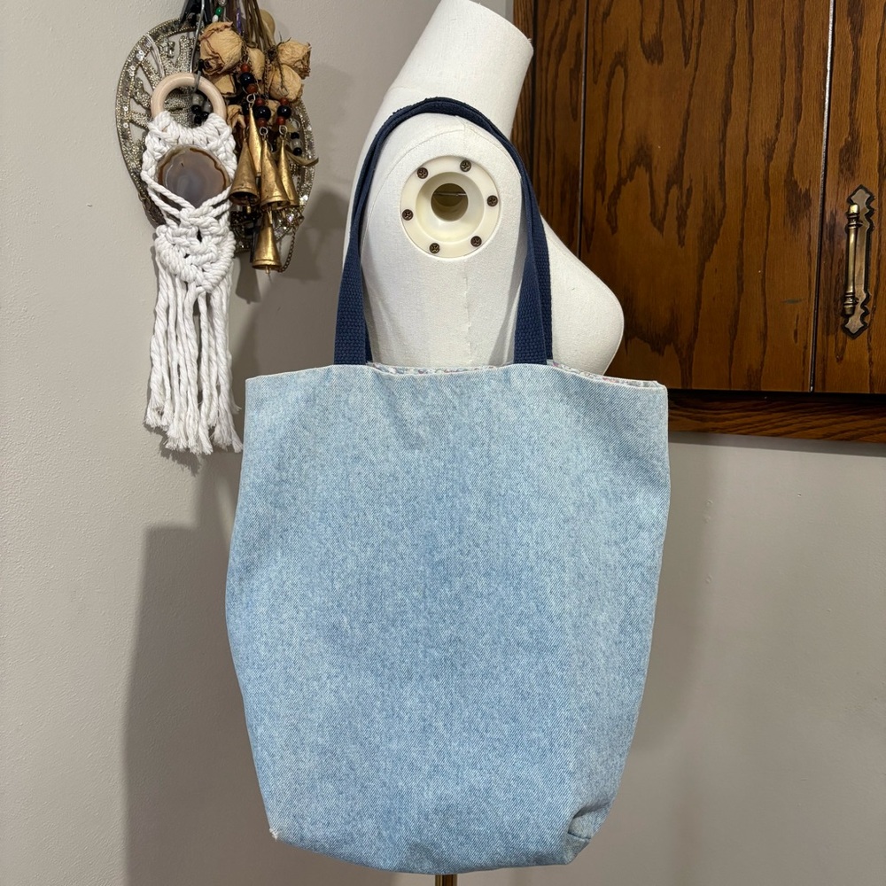 Handmade Reversible Denim Shoulder Tote Purse Floral Fabric Lining Blue